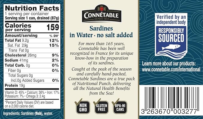 Sardines | Connetable | Sardines in Water | No salt added | 4.375 Ounce | Pack of 12