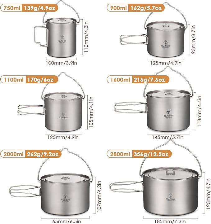 Camping Pot, Titanium Pot 750ml/900ml/1100ml/1600ml/2000ml/2800ml Ultralight ing Pot with Lid and