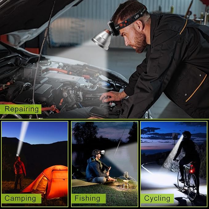 Rechargeable LED Headlamp with Flood and Spot Beam, Power Display, 4 Lighting Modes, Yellow/Blue
