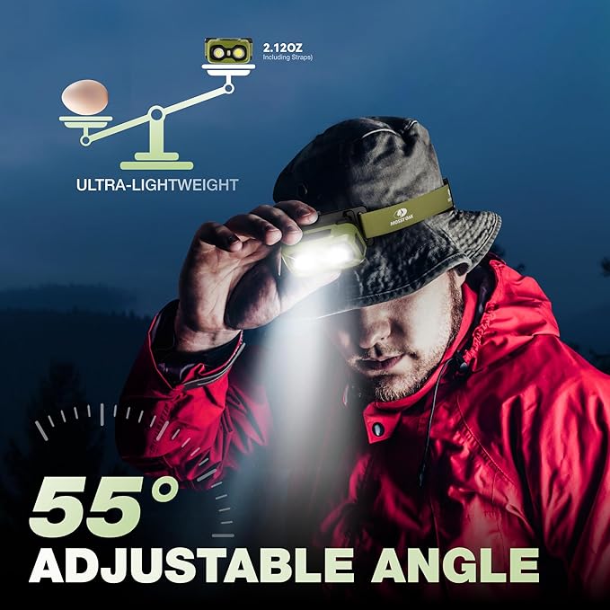 Mossy Oak 600 Lumens Rechargeable Headlamp, Lightweight LED Headlight with White & Red Light