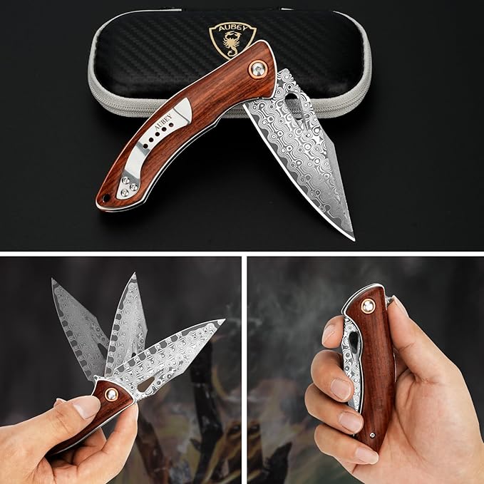 AUBEY Damascus Folding Knife with Clip, Pocket Knife with Wood Handle, EDC Knife for Outdoor Hiking