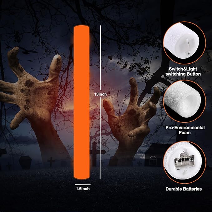 48Pack LED Glow Foam Sticks Bulk,Light Up Glow Sticks with 3 Flashing Modes,Orange Glow Wands Party