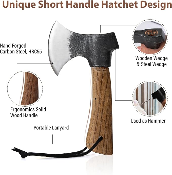 Small Camping Axe with Leather Sheath, 8.46" Backpacking Hatchet with Wooden Handle, Splitting Axe