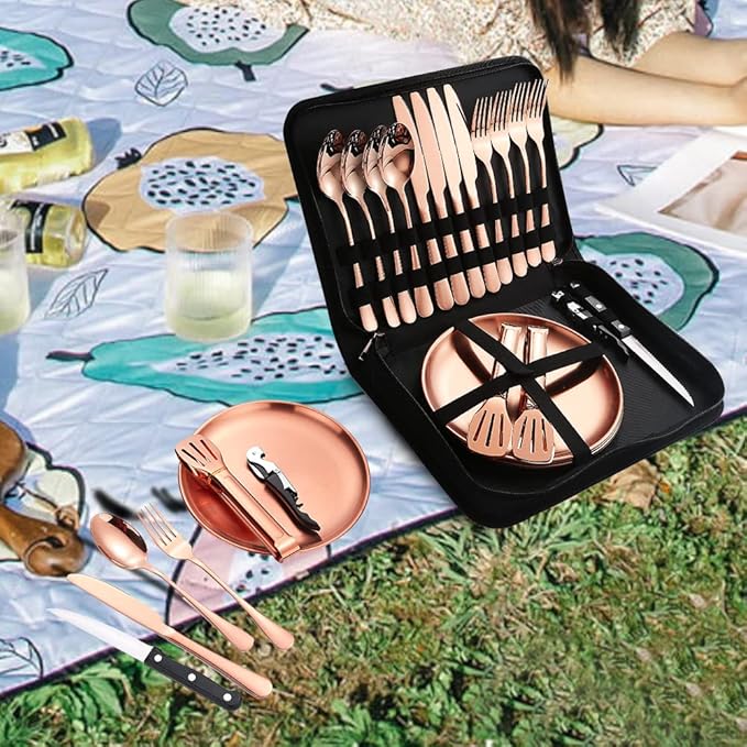 Picnic Tableware Set Camping Flatware Copper/Rose Gold Silverware and Plates Kit for 4 Portable
