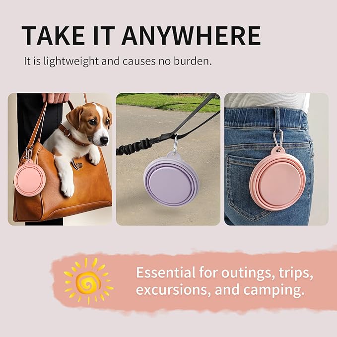 Collapsible Dog Bowls 2-Pack, Portable Travel Dog Bowl with Carabiner, Food-Grade Silicone Pet Bowl