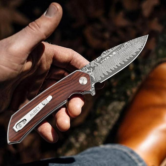 AUBEY Damascus Pocket Knife with Clip, Damascus Steel Blade Folding Knives with Ball Bearing, EDC