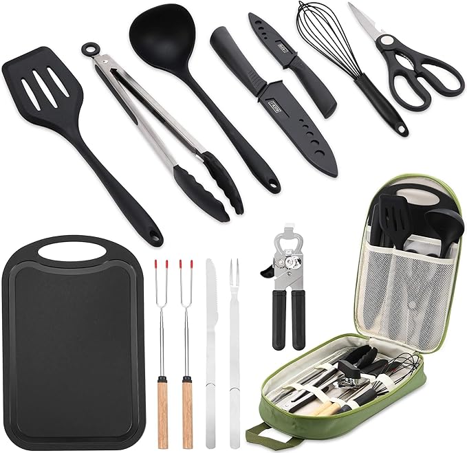 Camping Essentials Cookware Cooking Utensils Set - Portable Camp Kitchen Mess Kit Outdoor