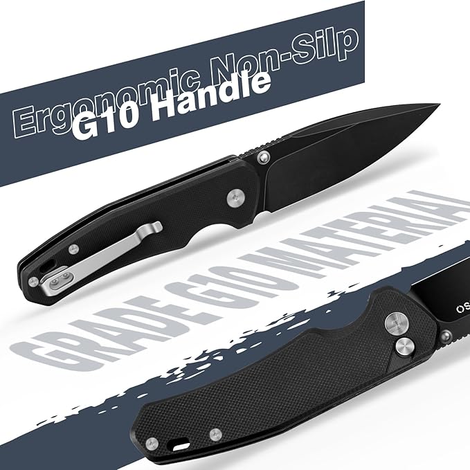 FINTISO Pocket Knife, 3" 14C28N Steel Blade G10 Handle Small EDC knife with Button Lock, Sharp