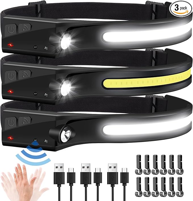Headlamp Rechargeable, 3Pack Rechargeable LED Headlamps 1200Lumens 2 COB 230°Wide Beam Headlight