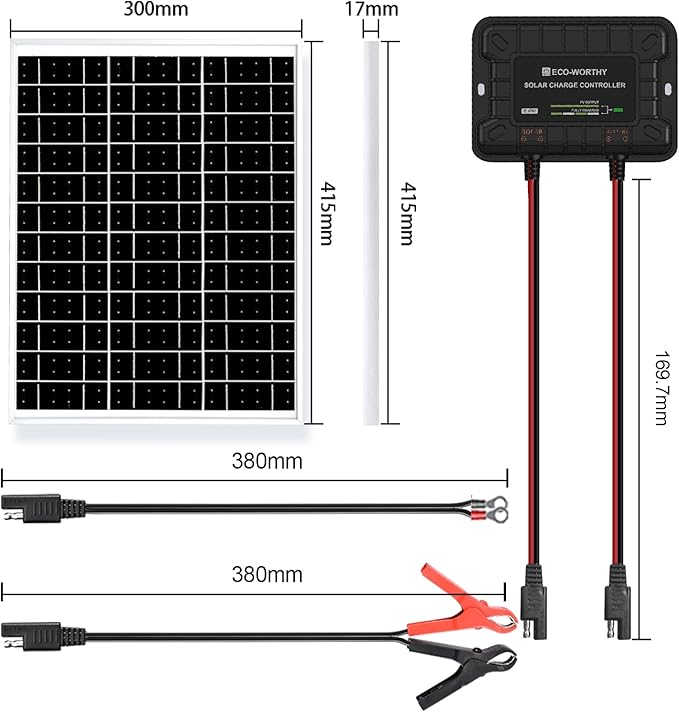 ECO-WORTHY 25W 12V Solar Battery Trickle Charger Maintainer, Waterproof Solar Panel + Adjustable