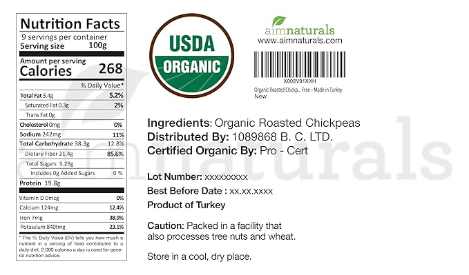 Organic Roasted Chickpeas 2 LB- USDA Organic Certified – Healthy Snack, Lightly Roasted, No Oil, No