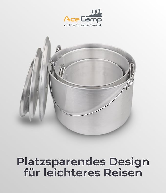 AceCamp Nested Pot Aluminum Lightweight Cooking Pot Set Outdoor Large Stock with lid and folding