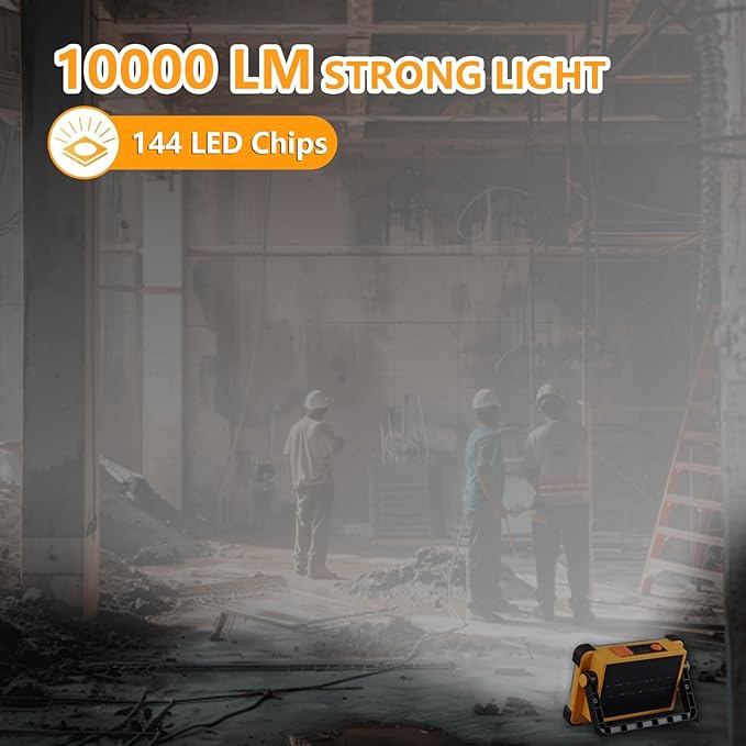 120W Solar Rechargeable Work Light, 144 LED 10000LM Portable Flood Light with Stand, IP66