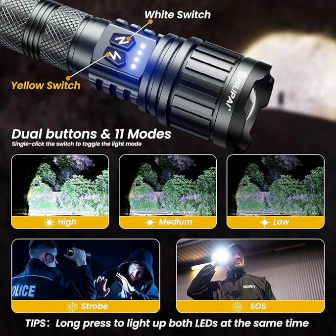 5000mAh Rechargeable High Lumens Flashlight with Warm/White Light - 11 Modes Zoomable Tactical