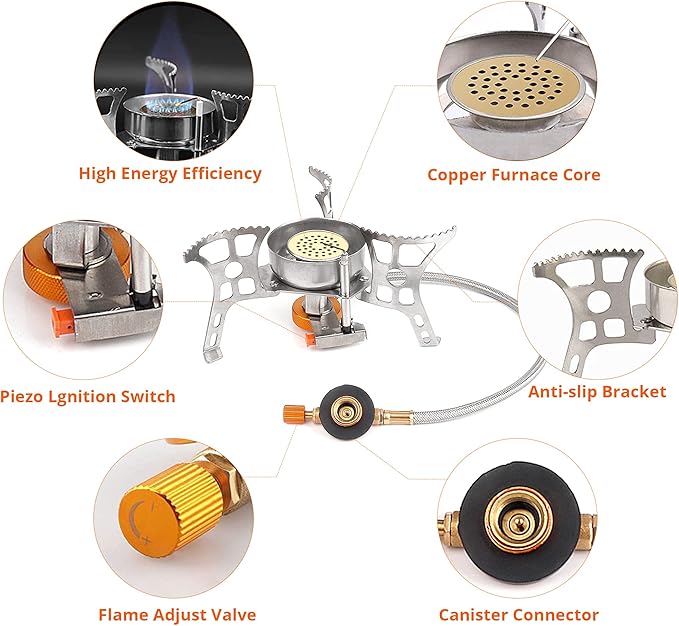 Camping Stove with Fuel Canister Adapter Portable Collapsible Gas Stove with Piezo