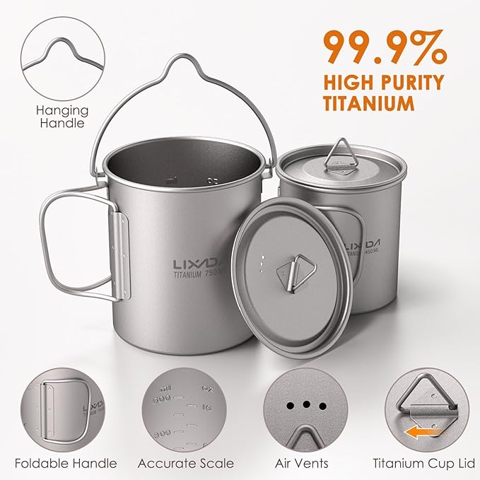 Lixada Titanium Camping Cookware with Folding Spork, 750ml Camping Titanium Pot & 450ml Coffee Mug