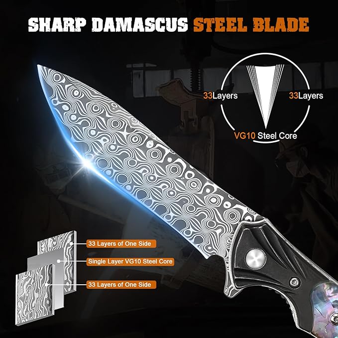 AUBEY Damascus Pocket Knife for Women Men, 3.43" VG10 Damascus Steel Blade Knife with Clip, EDC