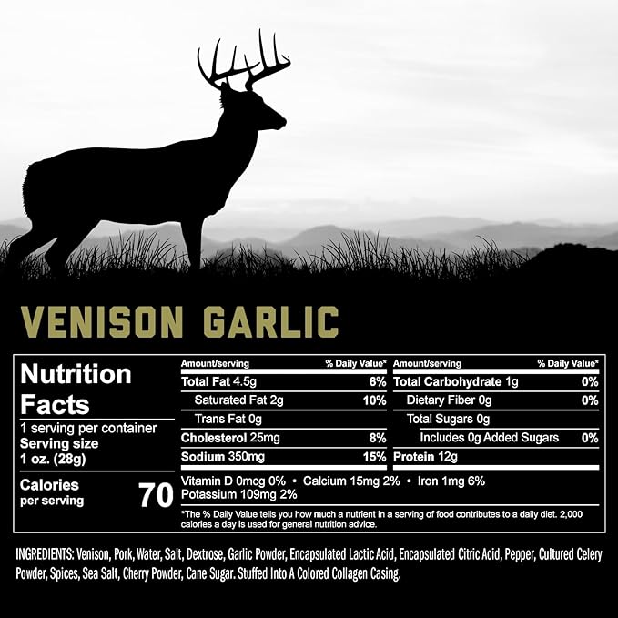 ICON Meats Venison and Pork Snack Sticks - Garlic Flavor - 24 Pack of Individually Wrapped Meat
