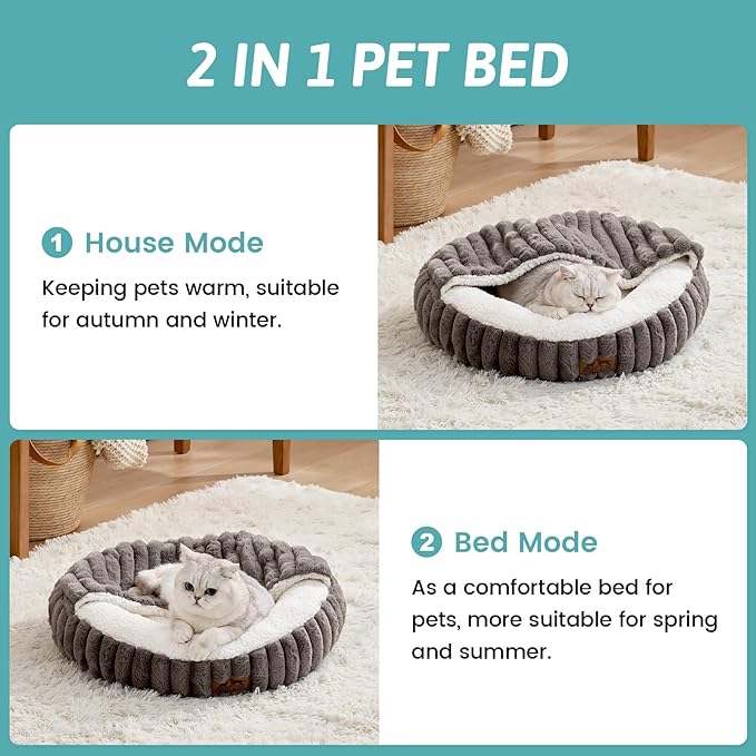 Cat Bed with Hooded Blanket, Round Fluffy Anti-Anxiety Pet Bed for Cats/Toy Breed Dogs, Cozy Donut