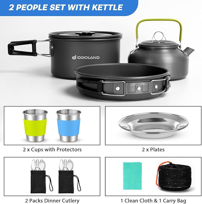Odoland 15pcs Camping Cookware Mess Kit, Non-Stick Lightweight Pot Pan Kettle Set with Stainless