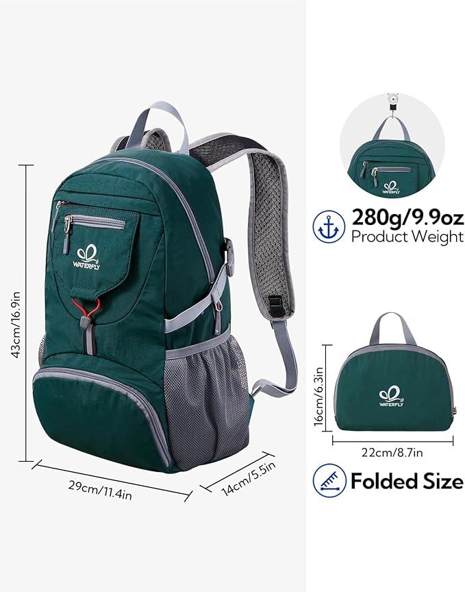 WATERFLY Small Lightweight Packable Backpack: 20l Ultra Light Foldable Travel Hiking Camping