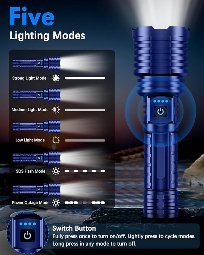 Super Bright Rechargeable LED Flashlights, 5000.000 True High Lumens, Powerful Tactical Flashlight