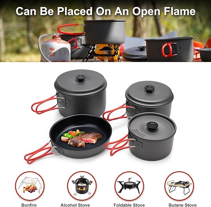 Alocs Camping Cookware Set Camping Gear, Compact Camping Pots and Pans Set, Durable Hard Alumina