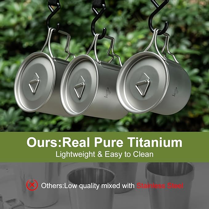 Titanium Pot with Lid, Lightweight Camping Pot with Foldable Handles, Portable Titanium Cooking