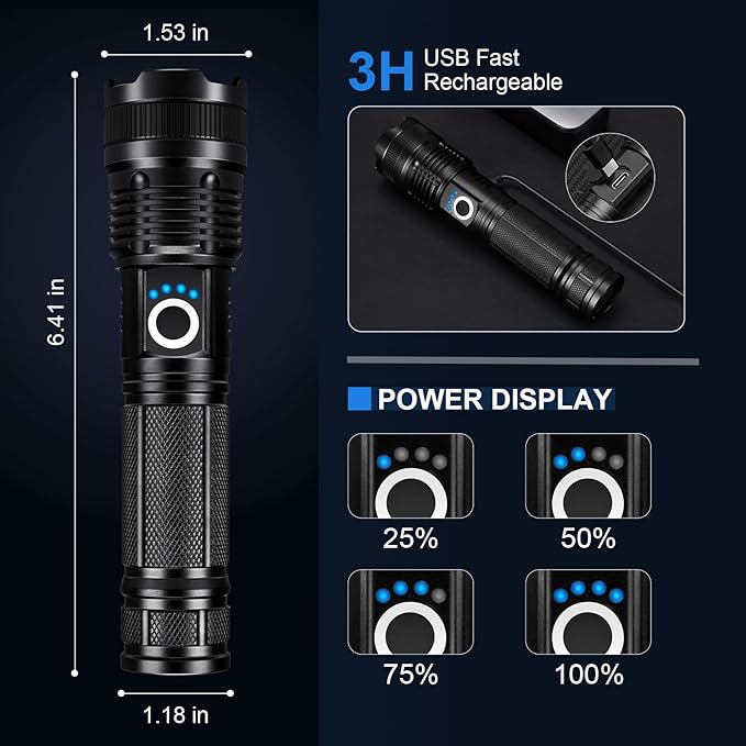 3 Pack Rechargeable Flashlights High Lumens, 99000LM Super Bright LED Flashlight, Adjustable