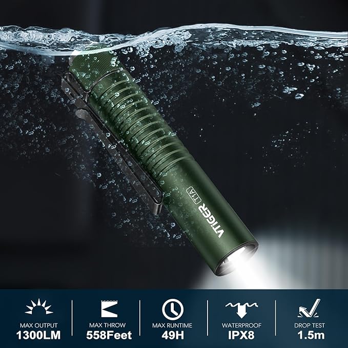 VTIGER T1A Mini Pocket EDC Flashlight with Clip,1300 Lumen Compact AA Rechargeable LED Little