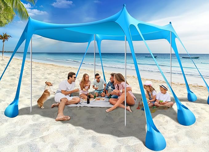 Rhino Valley Beach Tent Shade Canopy UPF50+ Protection, 8 Sandbags, 4 Stability Poles, Outdoor Sun