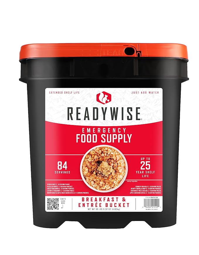 ReadyWise Emergency Food Supply - 84 Servings Breakfast & Entrée Bucket, Protein Meals, Dehydrated