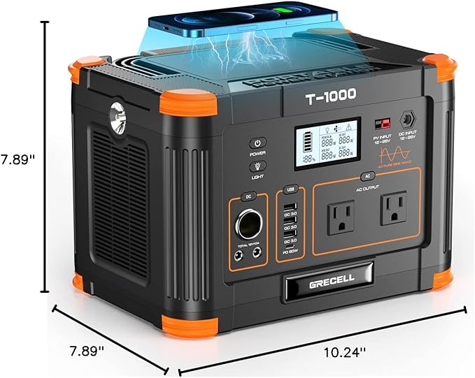 Portable Power Station 1000W (Peak 2000W), GRECELL 999Wh Solar Generator with 60W USB-C PD Output
