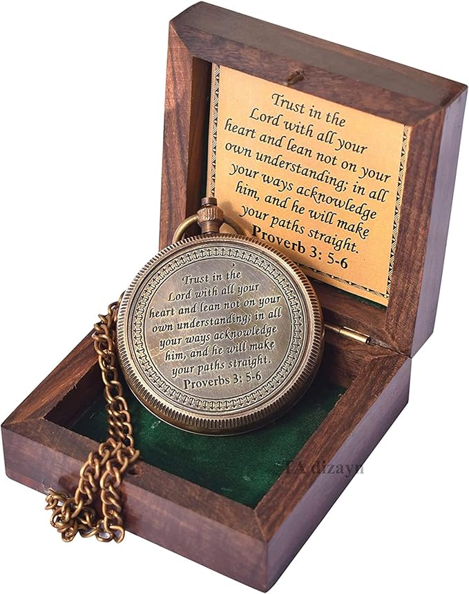 Trust in The Lord With All Your Heart - Proverbs 3:5-6 Quote Engraved Compass With Wooden Box