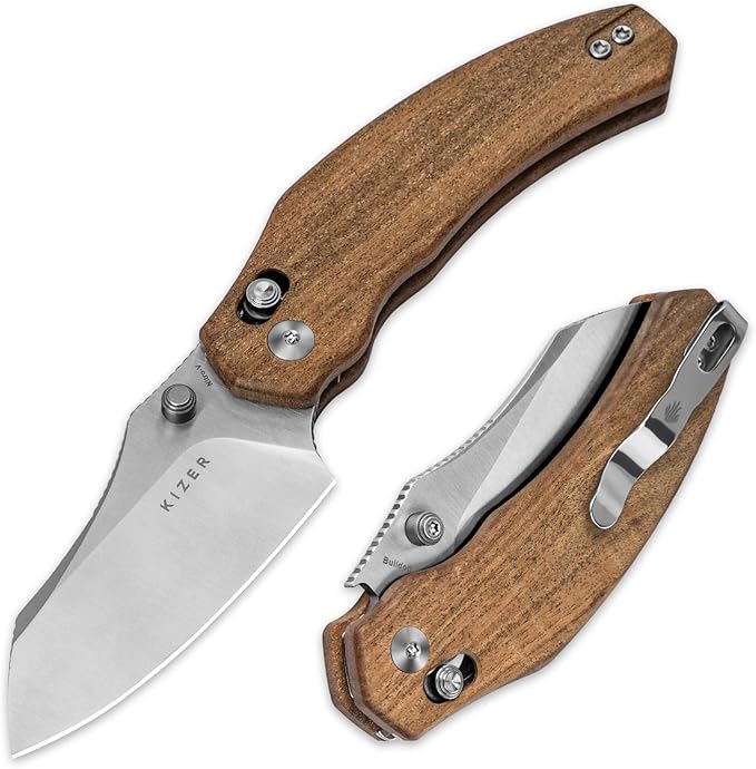Kizer Bulldog Pocket Knife, 3 In Nitro V Blade Folding Knife Mkuruti Wood Handle Camping Hunting