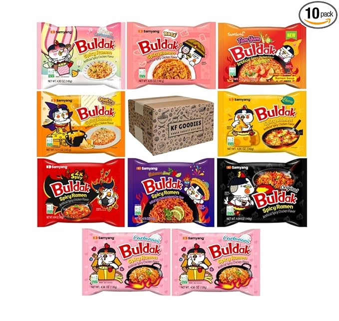 KF GOODIES Korean Ramen Variety Pack Gift Box (10 Count) – Spicy Buldak Noodle Assortment for