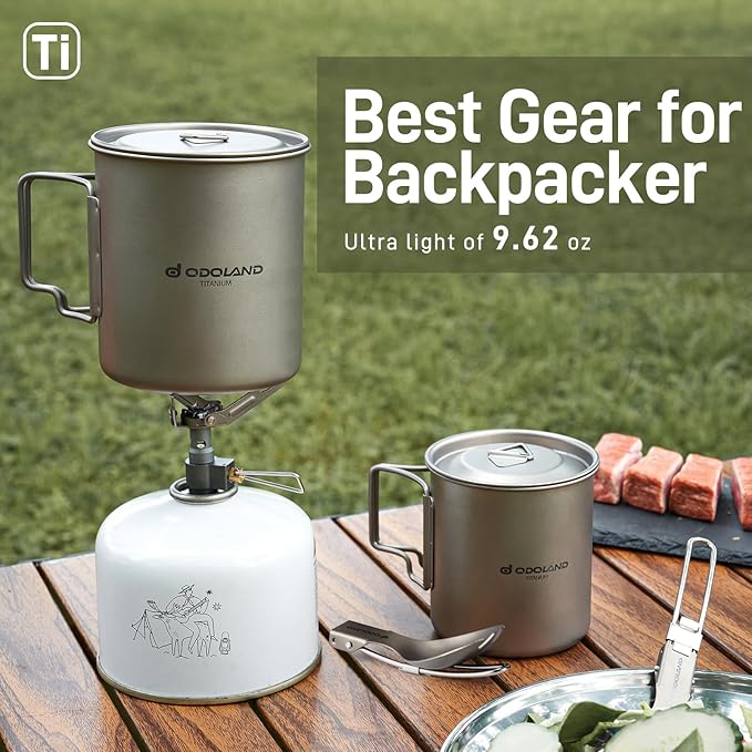 Odoland Titanium Camping Cookware 420ML & 750ML Titanium Pot with Lid and Spork Lightweight Camping