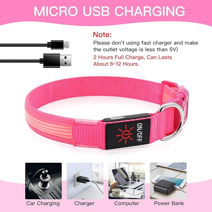 YFbrite Light up Dog Collar, USB Rechargeable LED Puppy Collar Super Bright Adjustable Glowing Dog