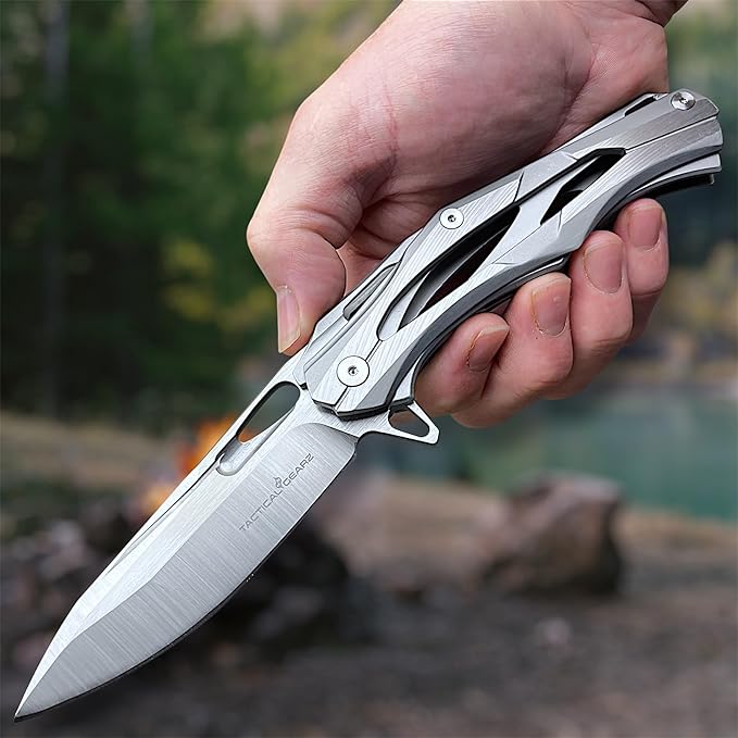 TACTICAL GEARZ Stainless Steel Pocket Knife, Brushed Nickel Stainless Steel Handle, D2 Steel Blade