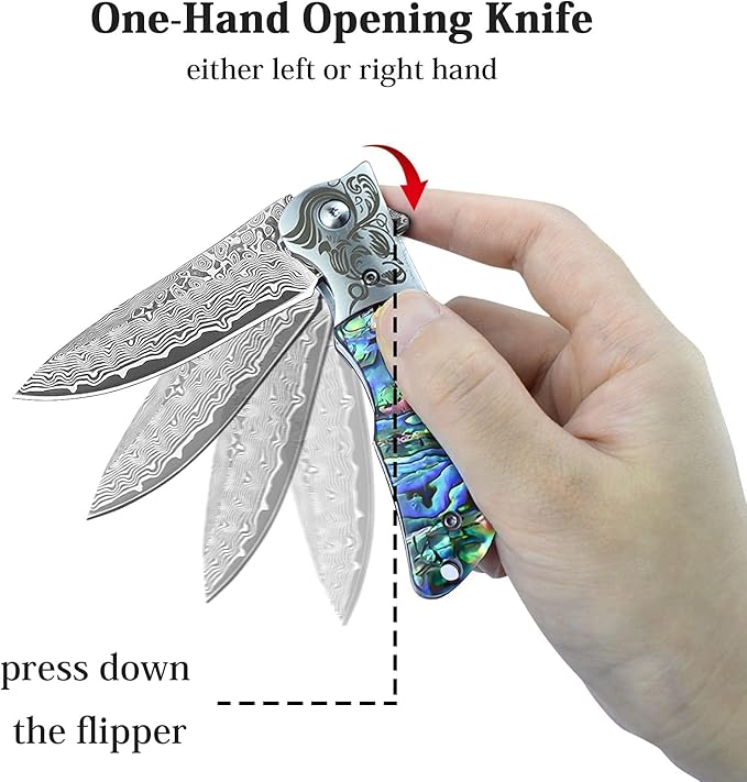 AUBEY EDC Damascus Pocket Knife with Leather Sheath, Abalone Shells Handle, Handmade Damascus Steel