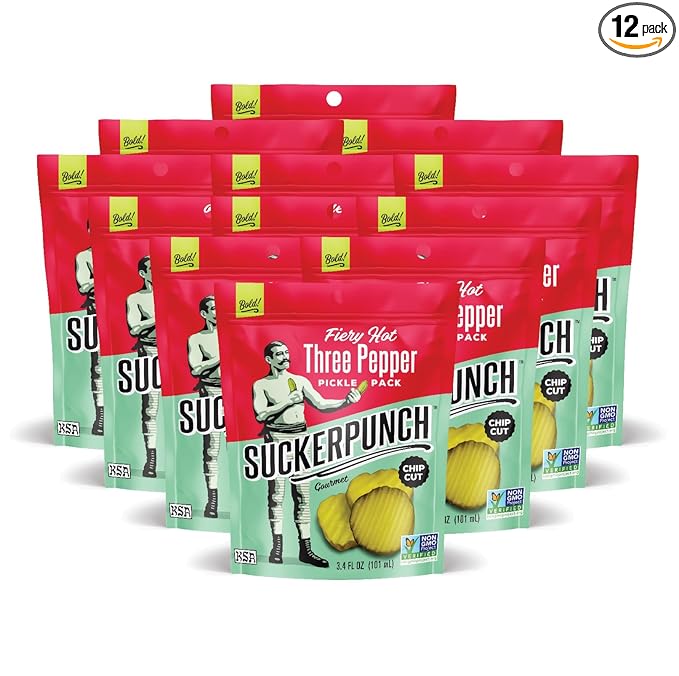 SuckerPunch Three Pepper Pickle Chips, Snack Pack, Gluten Free, Kosher, Sugar Free, Low Calorie