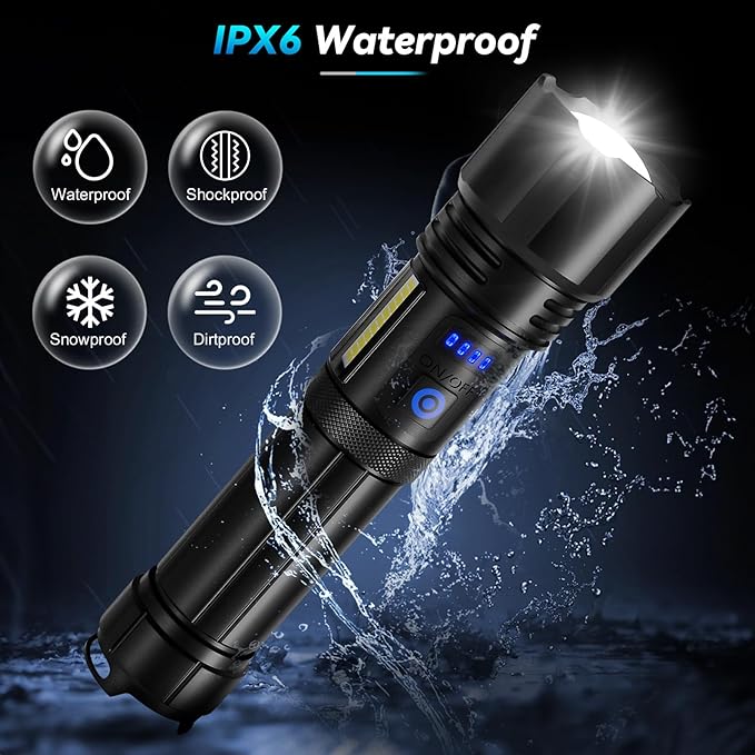Rechargeable Flashlight, 99,000 Lumens Super Bright Flash Light, 7 Modes with COB Work Light, IPX6