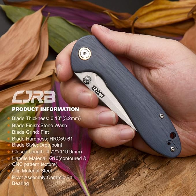 CJRB Folding Knife Feldspar Pocket Folding Knife Stonewash D2 Steel Blade G10 Tactical Handle EDC