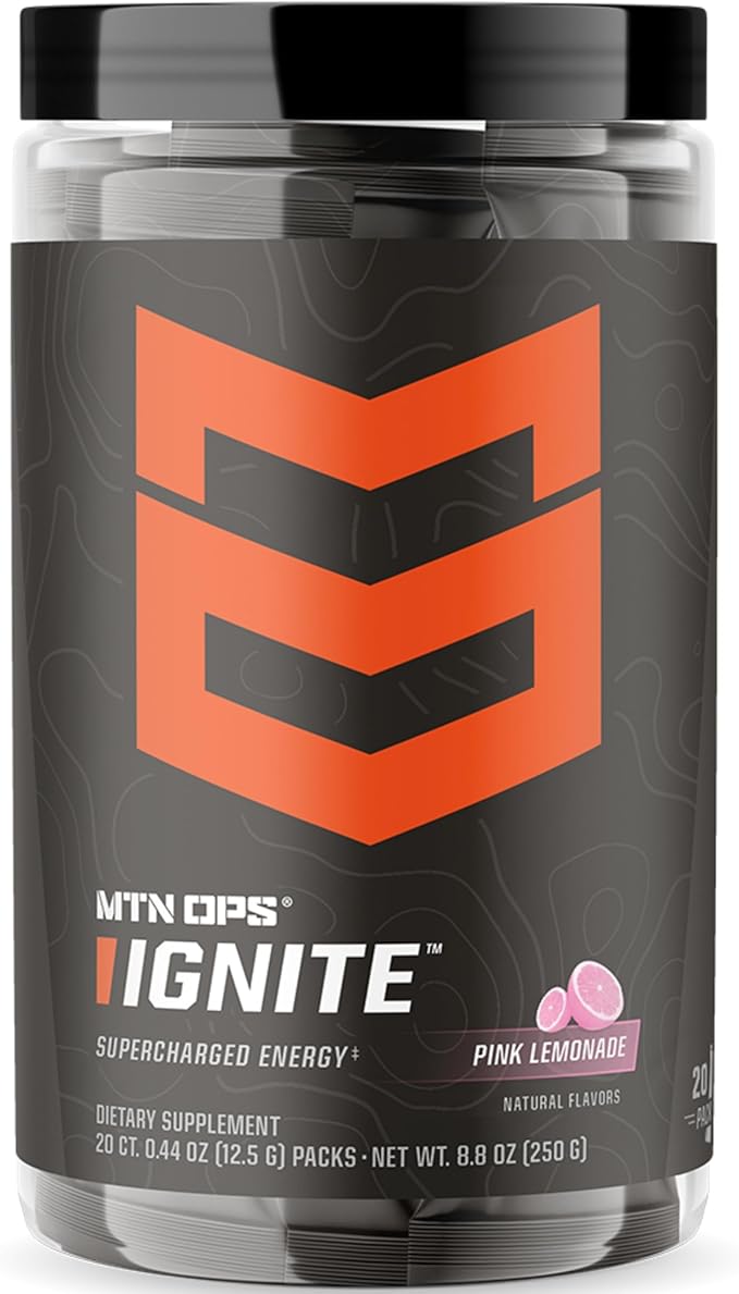 MTN OPS Ignite Trail Packs Energy Drink Powder, Gluten Free Nootropic Supplement Drink Mix, L