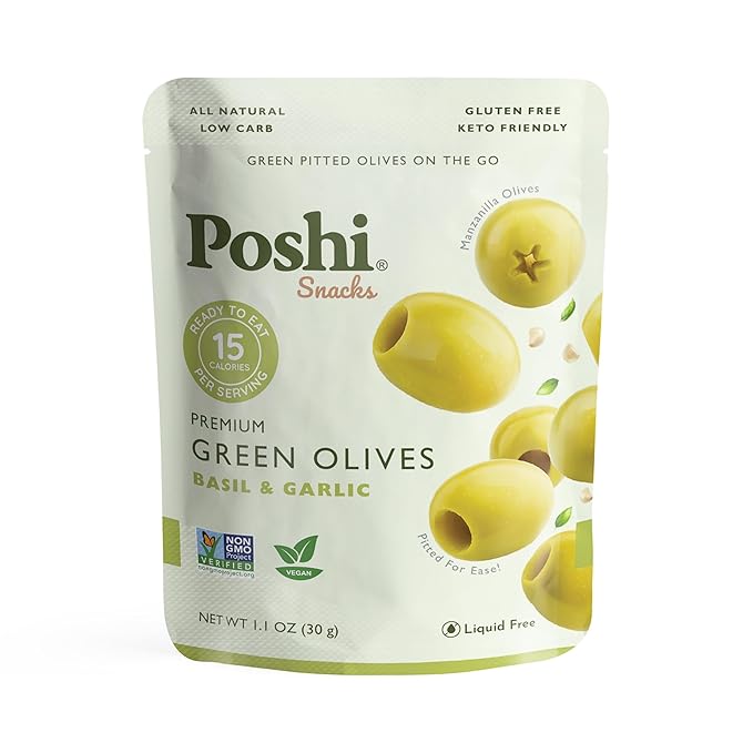 POSHI Green Pitted Olives - Basil & Garlic | Vegan, Kosher, Gluten Free + Keto Friendly, Fresh, Low