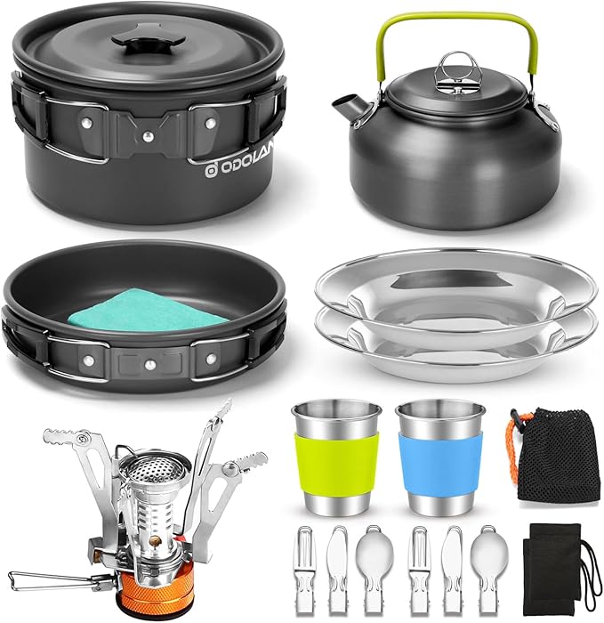 Odoland 16pcs Camping Cookware Set with Folding Camping Stove, Non-Stick Lightweight Pot Pan Kettle