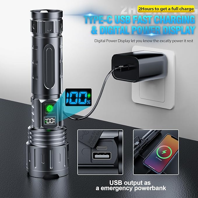 Hoxida Flashlights High Lumens Rechargeable - 2000 Lumens Long Beam Super Bright LED Flash Light