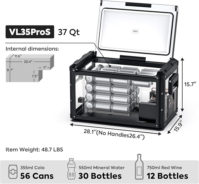 ICECO VL35 ProS 12V Refrigerator, 37 Qt Portable Freezer, Compact Metal Car Fridge Powered by