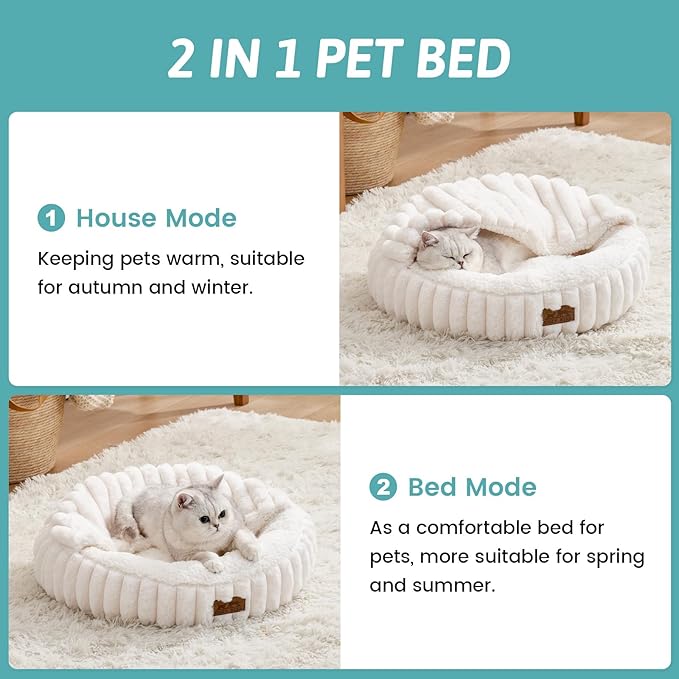 Cat Bed with Hooded Blanket, Round Fluffy Anti-Anxiety Pet Bed for Cats/Small Dogs, Cozy Donut