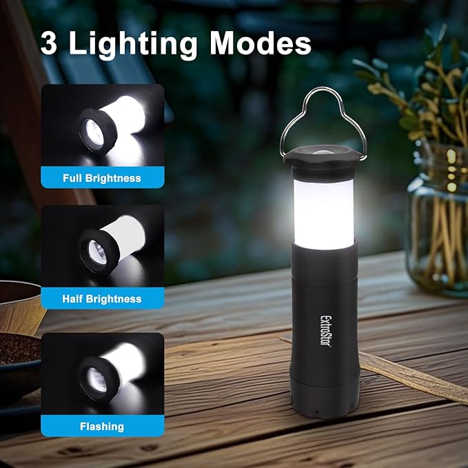 EXTRASTAR LED Camping Lanterns, 2-in-1 Battery Operated Flashlight, Zoomable Torch 3 Modes, Max 35